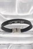 pilelistore 316L Çelik Gümüş Renk Gemi Dümeni Figür Siyah Burgu Deri Kordon Model Erkek Bileklik - TJ-EB3701 - 1