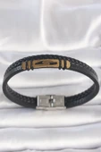 pilelistore 316L Çelik Gold Renk Aksesuarlı Çift Sıra Siyah Burgu Desenli Deri Kordon Erkek Bileklik - TJ-EB3708 - 1