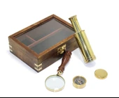 Ahşap Kutulu Pirinç Pusula Dürbün Ve Büyüteç Seti - 1