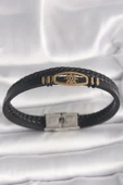 pilelistore 316L Çelik Gold Renk Gemi Dümen Figür Siyah Renk Çift Sıra Burgu Desenli Deri Kordon Erkek Bileklik - TJ-EB3 - 1