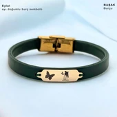 14 Ayar Altın Plakalı Burca Özel Kelebek Figürlü Doğal Yeşil Derili Hediye Bileklik-650 thumbnail 1