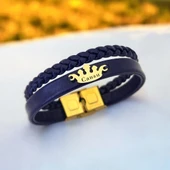 14 Ayar Altın Plakalı İsme Özel Doğal Lacivert Derili Taç Motifli Hediye Bileklik-649 thumbnail 1