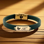 14 Ayar Altın Plakalı Harfe Özel Kelebek Figürlü Doğal Yeşil Derili Hediye Bileklik-650 thumbnail 1