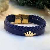 14 Ayar Altın Plakalı Harfe Özel Taç Motifli Doğal Lacivert Derili Hediye Bileklik-649 thumbnail 1