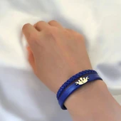 14 Ayar Altın Plakalı Harfe Özel Taç Motifli Doğal Lacivert Derili Hediye Bileklik-649 thumbnail 2