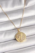 pilelistore 316L Çelik Gold Renk Zincir Zirkon Taşlı Ay Güneş İşlemeli Madalyon Model Kadın Kolye - TJ-BKO9958 thumbnail 1