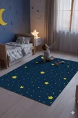 Sarı Lacivert Yıldız Desenli Kaymaz Dot Taban Dijital Baskı Çocuk Halısı - 1
