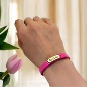 14 Ayar Altın Plakalı İsme Özel Doğal Pembe Derili Kelebek Motifli Hediye Bileklik-651 thumbnail 2