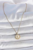 pilelistore 316L Çelik Gold Renk Zincir Beyaz Mineli Hilal İşlemeli Madalyon Model Kadın Kolye - TJ-BKO10035 thumbnail 2