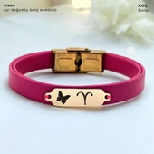 14 Ayar Altın Plakalı Doğum Ayına Özel Doğal Pembe Derili Kelebek Motifli Hediye Bileklik-651 thumbnail 1