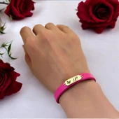 14 Ayar Altın Plakalı Harfe Özel Kelebek Motifli Doğal Pembe Derili Hediye Bileklik-651 thumbnail 2