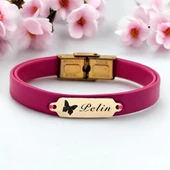 14 Ayar Altın Plakalı İsme Özel Doğal Pembe Derili Kelebek Motifli Hediye Bileklik-651 thumbnail 1