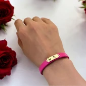 14 Ayar Altın Plakalı Sembole Özel Doğal Pembe Derili Kelebek Motifli Hediye Bileklik-651 thumbnail 2