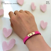 14 Ayar Altın Plakalı Burca Özel Kelebek Motifli Doğal Pembe Derili Hediye Bileklik-651 thumbnail 2