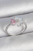 pilelistore Pirinç Gümüş Renk Beyaz Mineli Pembe Zirkon Taşlı Çiçek Model Kadın Yüzük - TJ-BYK3708 - 1