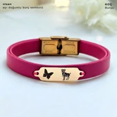 14 Ayar Altın Plakalı Burca Özel Kelebek Motifli Doğal Pembe Derili Hediye Bileklik-651 thumbnail 1