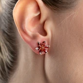 925 Ayar Gümüş Kırmızı Taşlı Lotus Çiçeği Küpe thumbnail 2