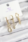 pilelistore Pirinç Zİrkon Taşlı Sallantılı Model Gold Renk 3'lü Kadın Küpe - TJ-BKP10939 - 1