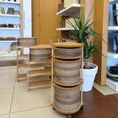 Ahşap Yuvarlak Tekerlekli Kahve Sebzelik 3 Katlı Yana Açılır Patates Soğan Sarımsak - 1