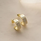 925 Ayar Gümüş Şeritli ve Taşlı Halka Küpe thumbnail 6