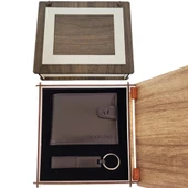 pilelistore Ahşap Kutulu Deri Cüzdan Anahtarlık Set Dekoratif Hediyelik - 1