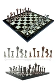 MC54 - Metal Satranç Takımı - 25cm Mermer Desenli Satranç Tahtası - Sertifikalı Antik Metal Taşlar - 1