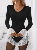 Kadın V Yaka Uzun Kollu Gizli Fermuar Dekolte Ve Dantel Volan Detay Mini şort Tulum - 1