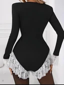 Kadın V Yaka Uzun Kollu Gizli Fermuar Dekolte Ve Dantel Volan Detay Mini şort Tulum - 2