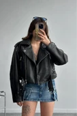 Yeni Sezon Oversize Kadın Siyah Biker Deri Ceket - 1