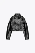 Kemerli Suni Deri Crop Biker Ceket - 3