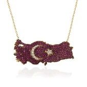 pilelistore 925 Ayar Gümüş Gold Ay Yıldız Türkiye Haritası Kadın Kolye - 2