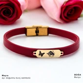 14 Ayar Altın Plakalı Burca Özel Kelebek Figürlü Doğal Kırmızı Derili Hediye Bileklik-652 thumbnail 1