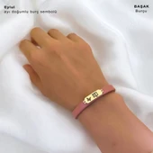 14 Ayar Altın Plakalı Doğum Ayına Özel Koyu Pembe Derili Kelebek Figürlü Hediye Bileklik-654 thumbnail 2