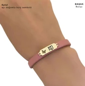14 Ayar Altın Plakalı Doğum Ayına Özel Koyu Pembe Derili Kelebek Figürlü Hediye Bileklik-654 thumbnail 3