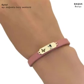 14 Ayar Altın Plakalı Burca Özel Kelebek Figürlü Koyu Pembe Derili Hediye Bileklik-654 thumbnail 3