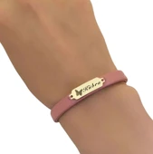 14 Ayar Altın Plakalı İsme Özel Koyu Pembe Derili Kelebek Figürlü Hediye Bileklik-654 thumbnail 3