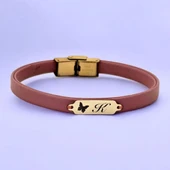 14 Ayar Altın Plakalı Harfe Özel Kelebek Figürlü Koyu Pembe Derili Hediye Bileklik-654 thumbnail 1