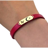 14 Ayar Altın Plakalı Sembole Özel Doğal Kırmızı Derili Kelebek Figürlü Hediye Bileklik-652 thumbnail 3
