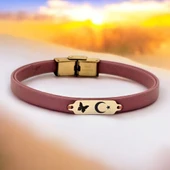 14 Ayar Altın Plakalı Sembole Özel Koyu Pembe Derili Kelebek Figürlü Hediye Bileklik-654 thumbnail 1