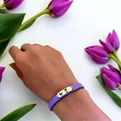 14 Ayar Altın Plakalı Sembole Özel Doğal Mor Derili Kelebek Motifli Hediye Bileklik-653 thumbnail 2