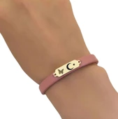 14 Ayar Altın Plakalı Sembole Özel Koyu Pembe Derili Kelebek Figürlü Hediye Bileklik-654 thumbnail 3