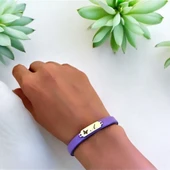 14 Ayar Altın Plakalı Harfe Özel Kelebek Motifli Doğal Mor Derili Hediye Bileklik-653 thumbnail 2