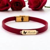 14 Ayar Altın Plakalı İsme Özel Doğal Kırmızı Derili Kelebek Figürlü Hediye Bileklik-652 thumbnail 1
