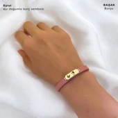 14 Ayar Altın Plakalı Burca Özel Kelebek Figürlü Koyu Pembe Derili Hediye Bileklik-654 thumbnail 2
