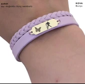 14 Ayar Altın Plakalı Burca Özel Kelebek Motifli Açık Mor Derili Hediye Bileklik-655 thumbnail 3