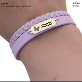 14 Ayar Altın Plakalı Doğum Ayına Özel Açık Mor Derili Kelebek Motifli Hediye Bileklik-655 thumbnail 3