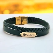 14 Ayar Altın Plakalı İsme Özel Hakiki Koyu Yeşil Derili Kelebek Figürlü Hediye Bileklik-656 thumbnail 1