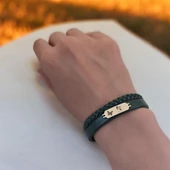 14 Ayar Altın Plakalı Sembole Özel Hakiki Koyu Yeşil Derili Kelebek Figürlü Hediye Bileklik-656 thumbnail 2