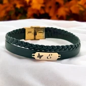 14 Ayar Altın Plakalı Harfe Özel Kelebek Figürlü Hakiki Koyu Yeşil Derili Hediye Bileklik-656 thumbnail 1