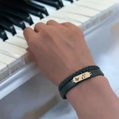 14 Ayar Altın Plakalı Harfe Özel Kelebek Figürlü Hakiki Koyu Yeşil Derili Hediye Bileklik-656 thumbnail 2